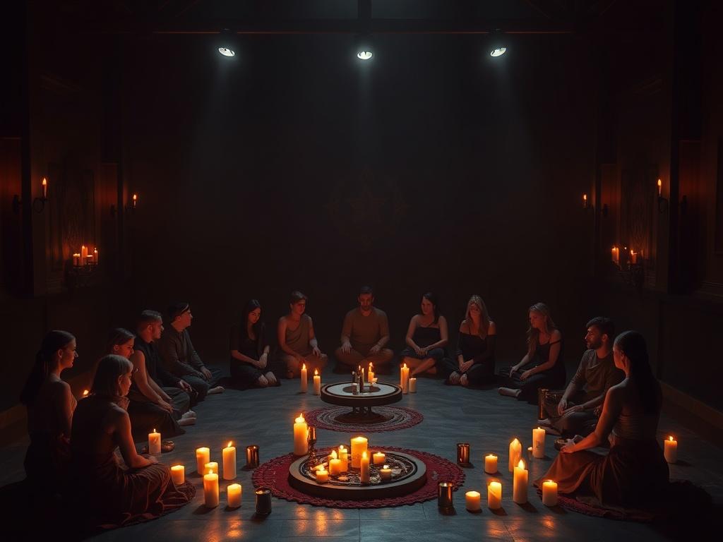 An atmospheric dark room with a circle of participants seated, surrounded by candles and symbols, engaged in a ritual, soft shadows and warm light creating an inviting ambiance.