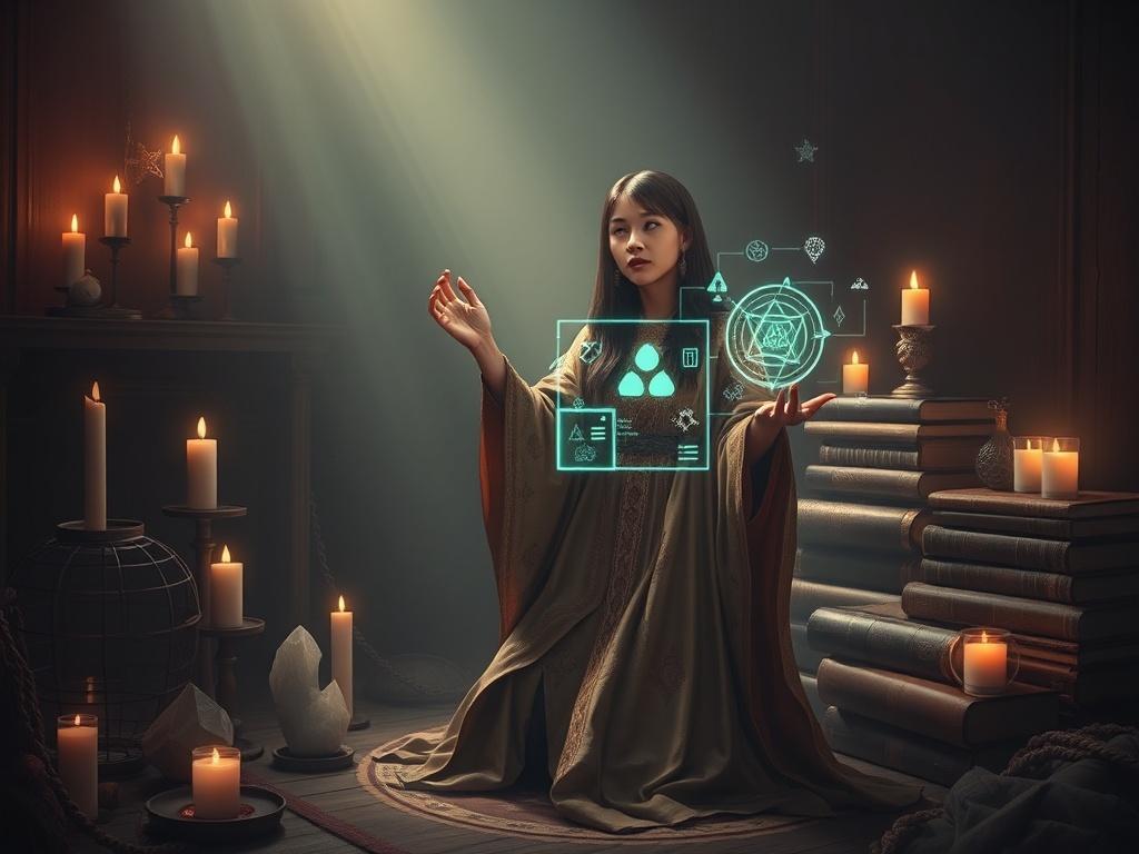 Create a highly detailed, photorealistic image that captures the essence of the intersection between AI technology and occult practices. The composition should be simple and clear, featuring a single subject at the forefront. 

Subject: Illustrate a modern practitioner of occultism—a young woman dressed in contemporary, mystical attire, such as a long flowing cloak with intricate patterns. She should be seen interacting with a holographic interface, displaying symbols and data signifying both AI technology 