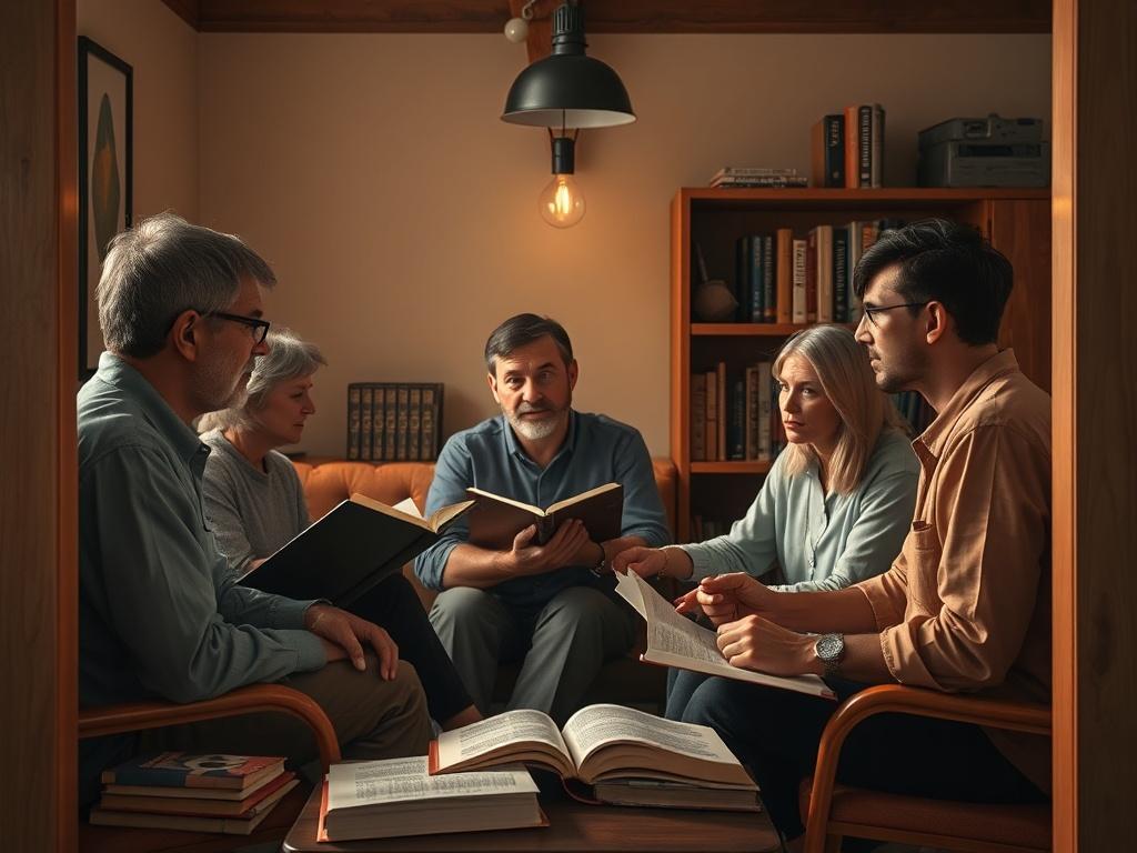 A thoughtful gathering of individuals in a cozy, dimly lit space, engaged in a serious yet friendly discussion. Books on ethics and spirituality are visible, creating an atmosphere of learning and reflection.