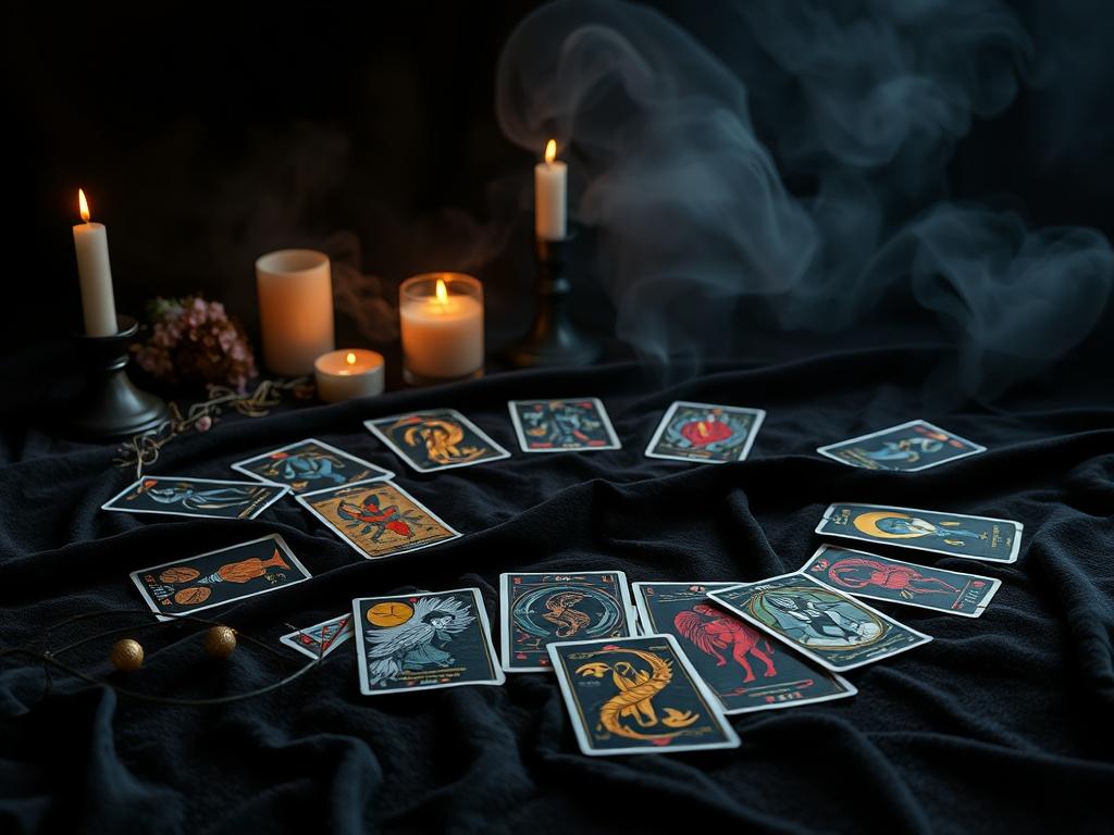 A captivating tarot reading scene, showcasing colorful tarot cards spread out on a dark velvet cloth, with a mystical ambiance created by dim candlelight. The background features soft shadows and ethereal elements to enhance the magical feeling.
