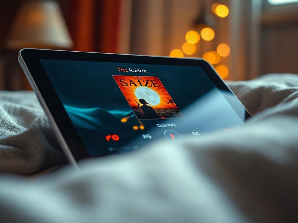 A hyper-realistic close-up of a digital audio book displayed on a sleek modern tablet. The screen shows a vibrant cover of the audio book, with engaging visuals and colors that pop. The background should be softly blurred to emphasize the tablet, with warm, inviting lighting that enhances the feeling of comfort and creativity. The overall composition should convey a sense of innovation and accessibility, appealing to both avid readers and tech-savvy individuals.