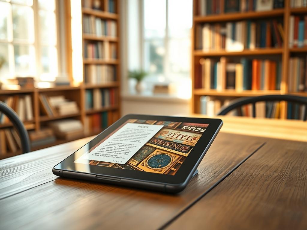 Create a realistic high-resolution photo featuring a single open digital tablet placed elegantly on a wooden table. The screen of the tablet displays a vibrant book interface, showcasing a colorful eBook cover, symbolizing digital publishing. The tablet should be the focal point of the image, drawing the viewer's eye immediately. 

In the background, softly blurred shelves filled with traditional books hint at the transition from physical to digital media, creating a warm and inviting atmosphere. Natural light pours in from a nearby window, casting gentle shadows and highlights on the table, enhancing the textures of the wood and the sleek surface of the tablet. 

The color palette should be warm and inviting, with tones that complement the primary color rgb(249, 209, 121)—think soft yellows and earthy browns to evoke the feel of a cozy reading nook. Ensure there are no other elements or clutter in the composition to keep it simple and clear, emphasizing the journey into the benefits of digital books.