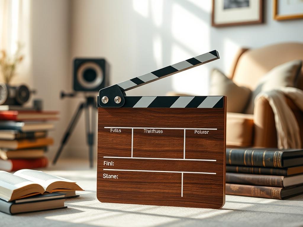 Create a realistic high-resolution photo that embodies the essence of a blog titled "Exploring the Best of Short Films." The composition should feature a single subject: an elegantly designed film slate set against a neutral background. The film slate should be prominently positioned in the center, showcasing a polished wooden finish with detailed markings and a classic clapper. 

Surrounding the slate, soft natural light should illuminate it, casting gentle shadows that enhance its texture. In the background, faintly blurred, display a warm, cozy film-viewing setup, with an inviting armchair, a vintage projector, and scattered books. These elements should subtly hint at the connection between literature and short films, transporting viewers to a captivating world where stories come alive. Use a 45mm f/1.2 lens style to create a crisp focus on the film slate while gently blurring the background, emphasizing the subject matter and inviting the viewer to explore the topic further. The overall image should reflect a warm color palette inspired by rgb(249, 209, 121), creating a harmonious and inviting atmosphere.