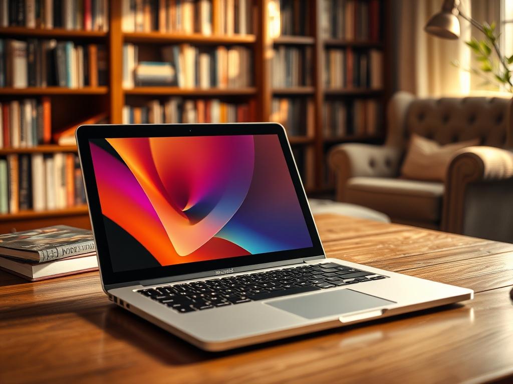 Create a realistic, high-resolution close-up photo that captures the essence of digital publishing. The image should focus on a single subject: an open laptop showcasing a vibrant eBook cover on its screen. The laptop should sit on a wooden desk with a warm, inviting texture, emphasizing a comfortable reading or working environment. 

In the background, include soft, blurred elements like a bookshelf filled with various printed books and a cozy reading nook with a plush chair, creating a sense of a home office or study. The lighting should be natural and warm, simulating early morning sunlight streaming through a nearby window, highlighting the laptop and drawing attention to the eBook cover.

The color scheme should harmonize with a primary color palette of rgb(249, 209, 121), evoking a sense of warmth and creativity. The overall composition must be simple and clear, showcasing the significance of digital publishing in an engaging way. Avoid any text or abstract shapes within the image.