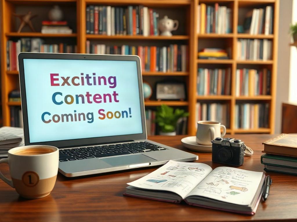 Create a hyper-realistic, high-resolution image featuring a single open laptop on a wooden desk. The laptop screen displays a vibrant and visually engaging "Exciting Content Coming Soon!" design, capturing the essence of anticipation and creativity. Beside the laptop, place a steaming cup of coffee and a notepad with colorful sketches, filled with creative ideas for upcoming media content. In the background, include a soft-focused bookshelf filled with various books, DVDs, and film memorabilia, hinting at a