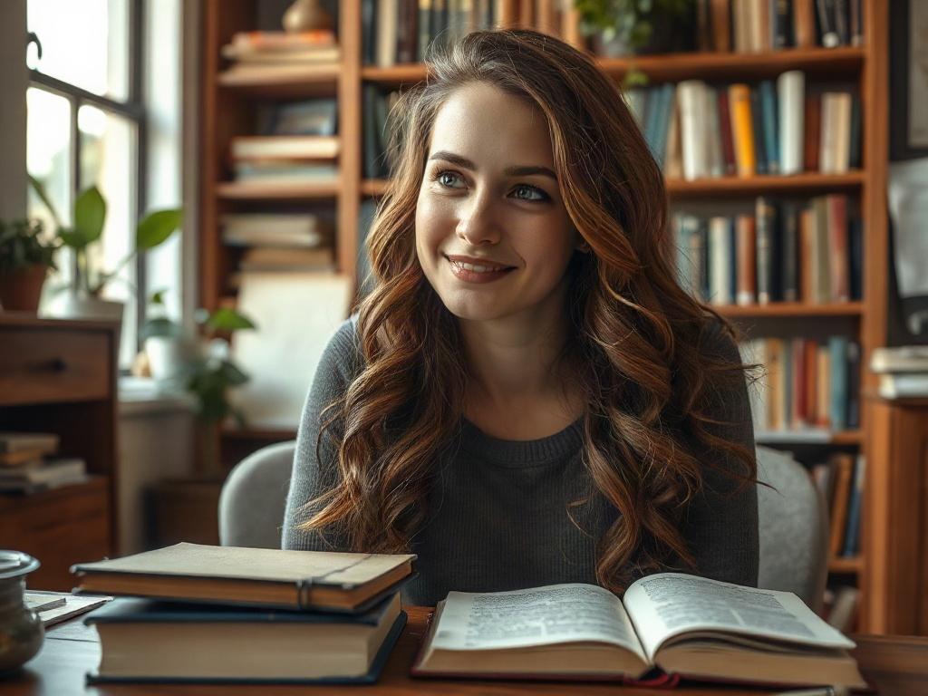 **Prompt for AI Image Generator:**

Create a hyper-realistic close-up portrait of an emerging author, a young woman in her late twenties with wavy brown hair and expressive green eyes. She should be smiling softly, sitting at a wooden desk cluttered with a few well-read books and a notebook filled with handwritten notes. Capture her in a moment of inspiration, perhaps looking away thoughtfully as if contemplating her next story. The background should be a cozy, softly lit room featuring shelves filled with 