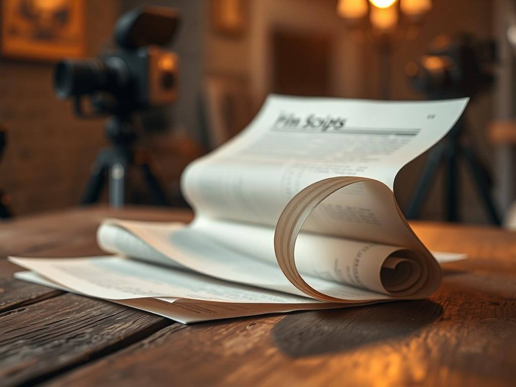 **AI Image Generation Prompt:**

Create a realistic high-resolution photo that encapsulates the magic of storytelling in film. The composition should be simple and clear, featuring a single subject: an open film script laying on a rustic wooden table. The script should be partially rolled, with a few pages fluttering slightly as if a gentle breeze is passing through. 

In the background, include soft, blurred elements suggesting a cozy, warmly lit film studio or a vintage movie set, with faint outlines of old-fashioned cameras and lighting equipment subtly hinting at the cinematic environment. The lighting should be warm and inviting, highlighting the texture of the paper and the wooden surface, while casting soft shadows to add depth to the scene. 

Ensure the image conveys a sense of inspiration and creativity, reflecting how storytelling enhances cinematic experiences. Avoid any text or abstract shapes in the image; focus solely on the tangible elements that represent the art of filmmaking.