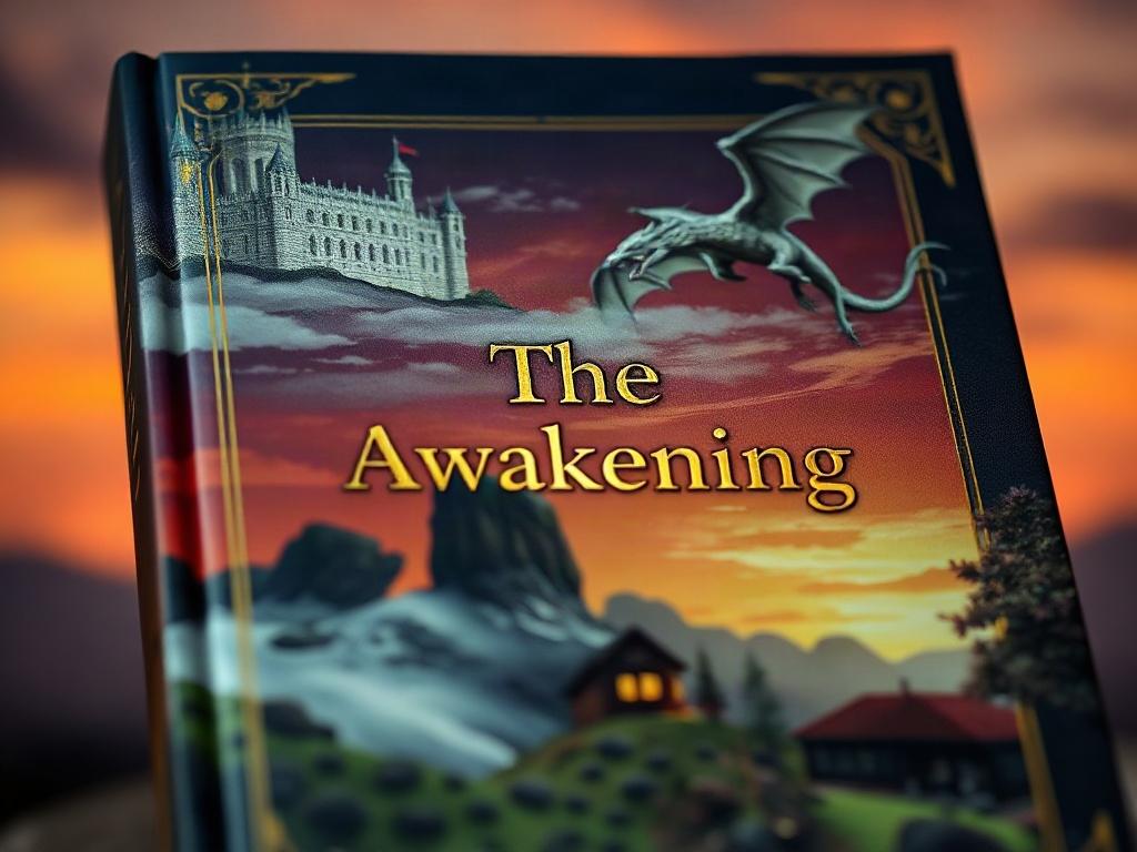 A close-up shot of a beautifully designed book cover featuring a mystical landscape with a grand castle and a dragon soaring in the sky. The title 'The Awakening' is elegantly embossed in gold lettering at the center of the cover. The background is a sunset sky with vibrant hues of orange and purple, creating a magical atmosphere. The book is set against a softly blurred backdrop, emphasizing its rich colors and intricate details.