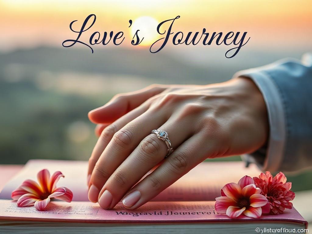 A close-up shot of a romantic book cover featuring two intertwined hands with a beautiful sunset in the background. The title 'Love's Journey' is elegantly scripted across the top in soft pastel colors. The cover exudes warmth and affection, showcasing floral elements surrounding the hands. The background is a softly blurred landscape, enhancing the intimate feel of the cover and inviting readers to dive into a heartfelt story.