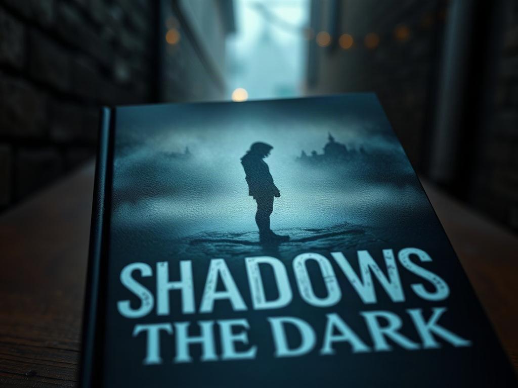 A close-up shot of an intriguing book cover showcasing a shadowy figure standing at the edge of a foggy alleyway. The title 'Shadows in the Dark' is prominently displayed in bold, white letters that contrast against the dark tones of the cover. The ambiance is tense and suspenseful, with subtle hints of light illuminating the figure. The background is softly blurred to draw attention to the book's captivating design and the sense of mystery it conveys.