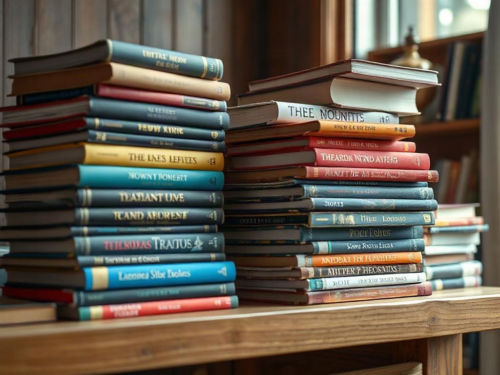 A hyper-realistic close-up shot of a variety of colorful books stacked elegantly on a wooden shelf. The books should display diverse genres, including fiction, non-fiction, and children's literature. Soft natural light filters in from a nearby window, creating a warm and inviting atmosphere. The background should be blurred to focus on the books, highlighting their vibrant covers and textures. The overall composition should evoke a sense of curiosity and the joy of reading.