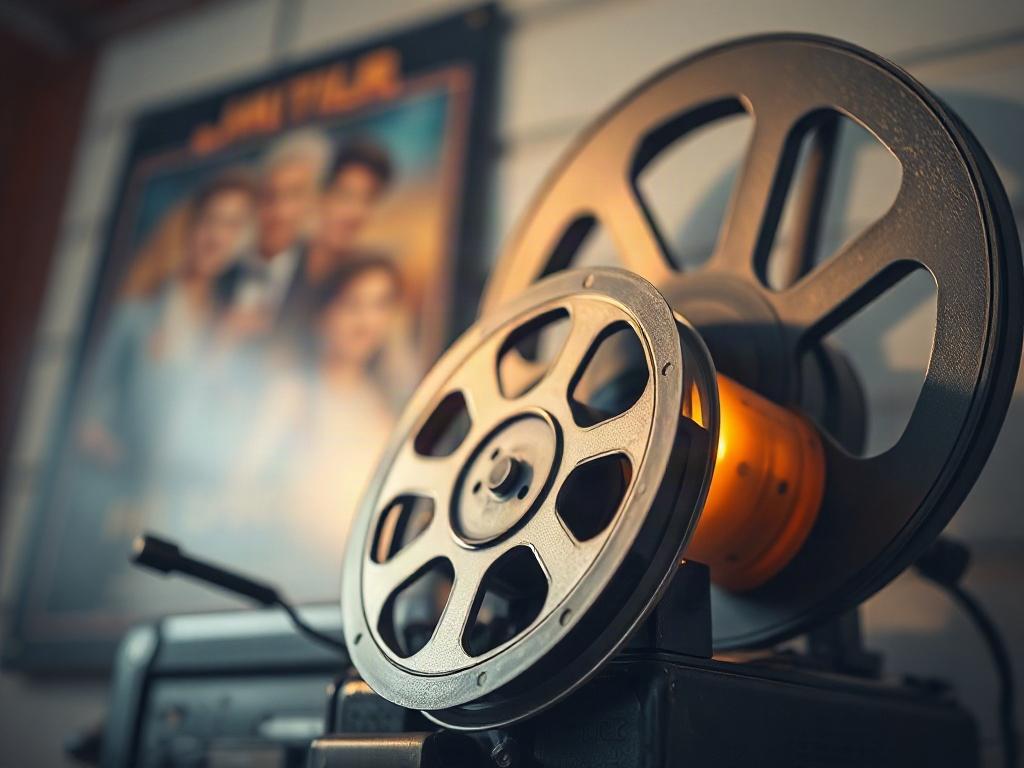 A hyper-realistic close-up shot of a film reel resting on a vintage projector. The film reel should have a shiny metallic finish, and the projector should be elegantly designed, showcasing its intricate details. A faint glow from the projector illuminates the scene, casting soft shadows. In the background, a blurred image of a movie poster can be seen, hinting at the stories brought to life on screen. The composition should evoke a sense of nostalgia and the magic of storytelling through film.
