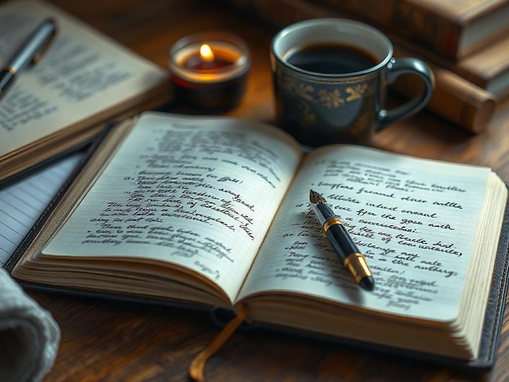 A hyper-realistic close-up shot of an open notebook filled with handwritten notes and sketches, surrounded by a fountain pen and a steaming cup of coffee. The notebook should display creative ideas and drafts, symbolizing the journey of emerging authors. The background should feature soft lighting that creates a cozy writing nook atmosphere. The composition should invite viewers into the world of storytelling and the creative process, emphasizing the personal touch of each author's journey.