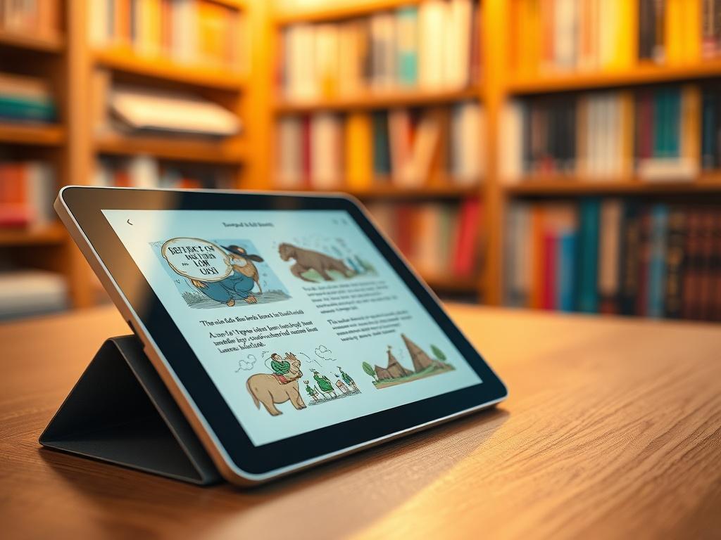 **AI Image Generation Prompt:**

Create a realistic high-resolution close-up image featuring an open digital tablet displaying an engaging digital book interface. The screen should show vibrant, eye-catching illustrations and crisp text, giving a sense of an immersive reading experience. Position the tablet on a smooth wooden surface, hinting at a cozy reading nook atmosphere. 

In the background, softly blurred, include a warm and inviting bookshelf filled with colorful books, subtly emphasizing the transi