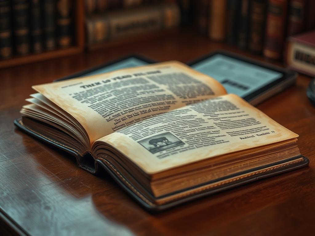 **Prompt for AI Image Generator:**

Create a realistic high-resolution image that visually represents the evolution of book publishing. The main subject should be a beautifully aged, leather-bound book, partially open to reveal intricate, yellowed pages that exhibit vintage illustrations and text, symbolizing traditional publishing methods. 

Position the book on a polished wooden desk that conveys a sense of history and craftsmanship. In the background, include a soft blur of modern elements such as glowin