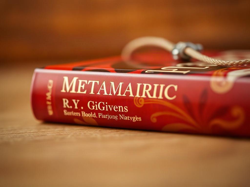 A close-up shot of a beautifully designed hardcover book titled 'Metamauric R.Y. Givens'. The book should be prominently displayed against a soft, blurred background that complements the book's cover colors. The focus should be on the intricate details of the book cover, showcasing the title in elegant typography. The lighting should be warm and inviting, highlighting the texture of the book's spine and its glossy finish.