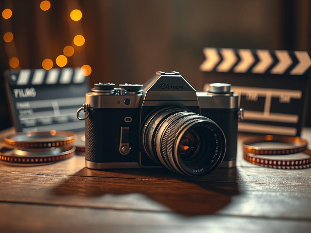Create a realistic high-resolution photo that illustrates the theme "Discover the Magic of Short Films." The image should feature a single subject: a vintage film camera, showcasing its intricate details and craftsmanship. Place the camera on a wooden table with a softly lit, warm ambiance that enhances its texture. 

In the background, softly blurred out of focus, display a small selection of film reels and a clapperboard, suggesting a film set atmosphere. The lighting should capture a magical glow, reflec