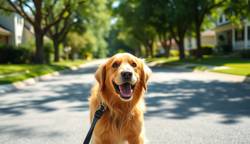 Happy dog being walked on a sunny neighborhood street