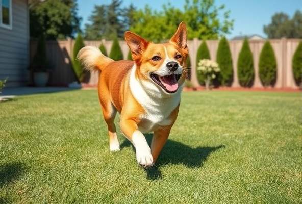 Happy dog playing and running in a clean backyard
