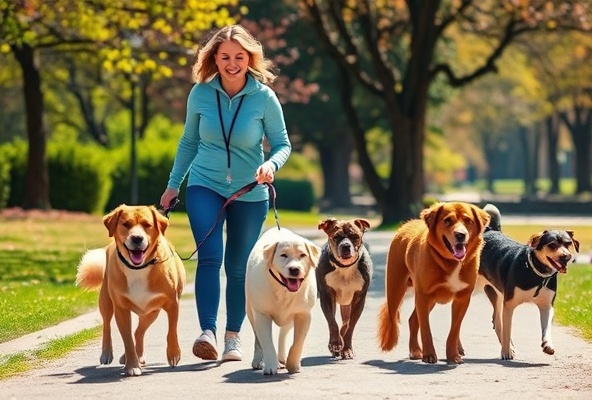 Professional pet care provider walking multiple happy dogs
