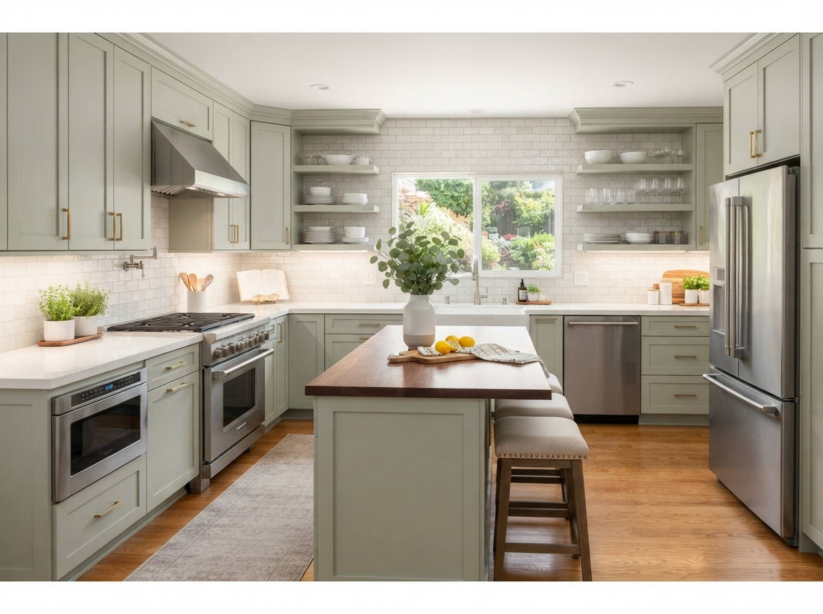 Stunning kitchen transformation with gleaming countertops and appliances