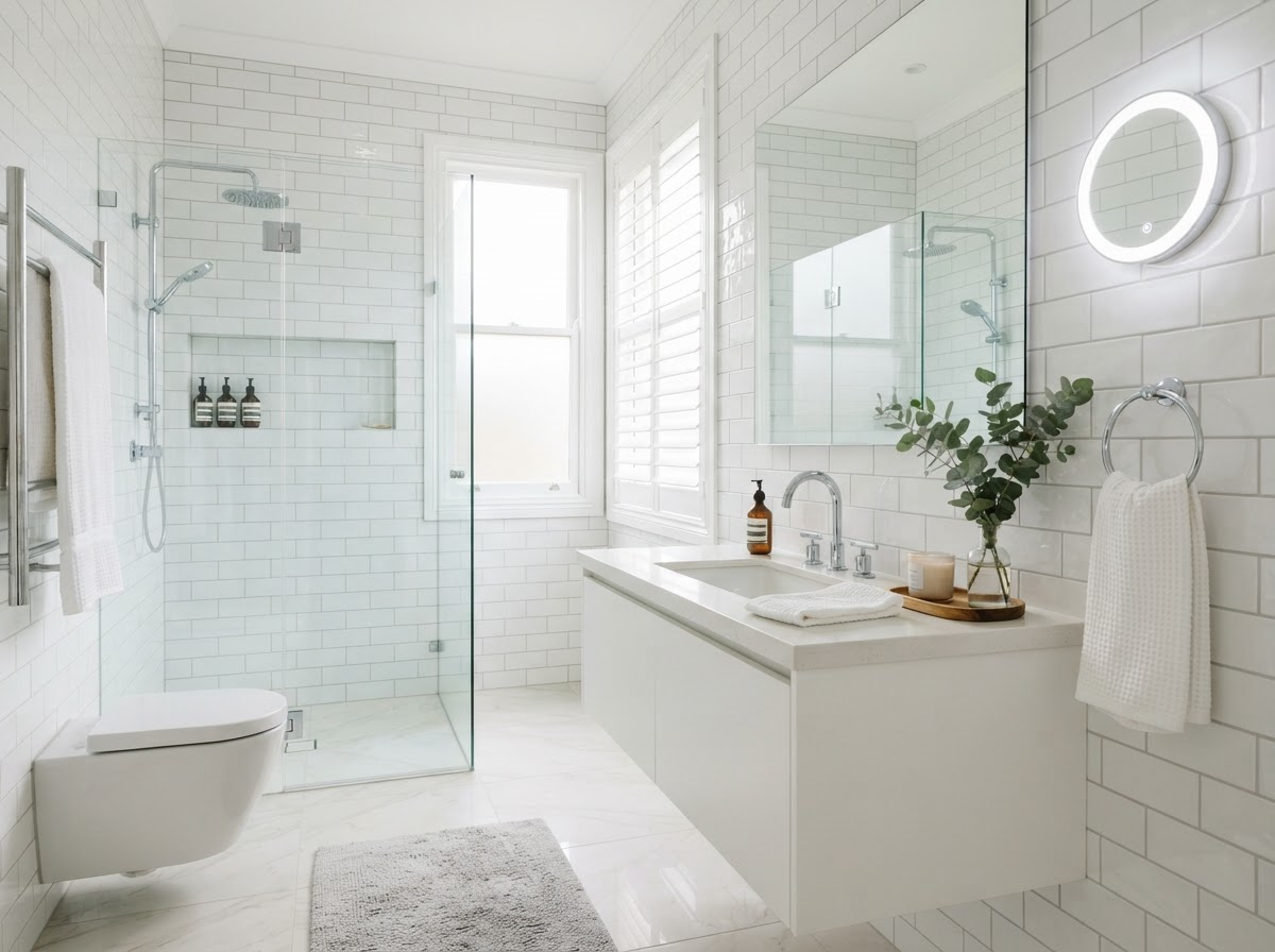 Immaculate bathroom transformation with sparkling tile walls