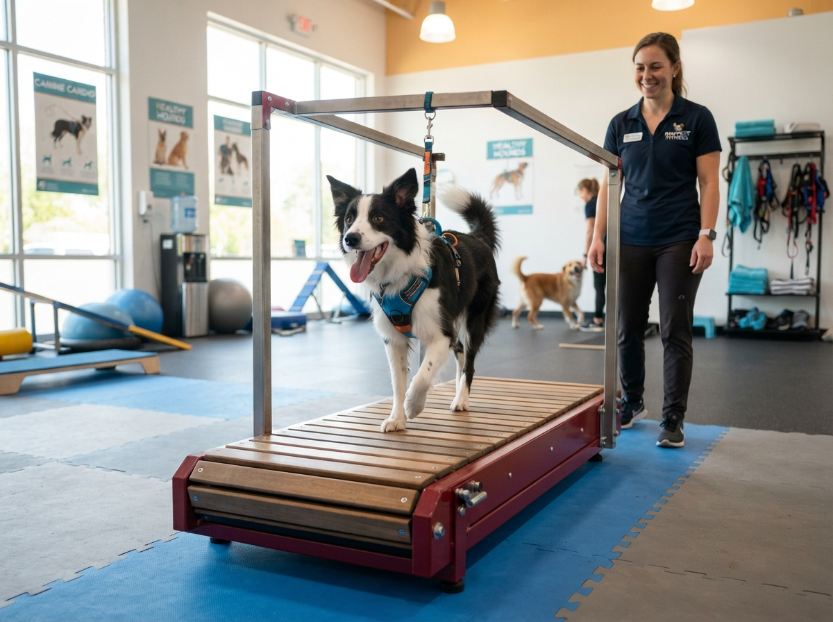 Happy dog enjoying professional cardio slatmill exercise