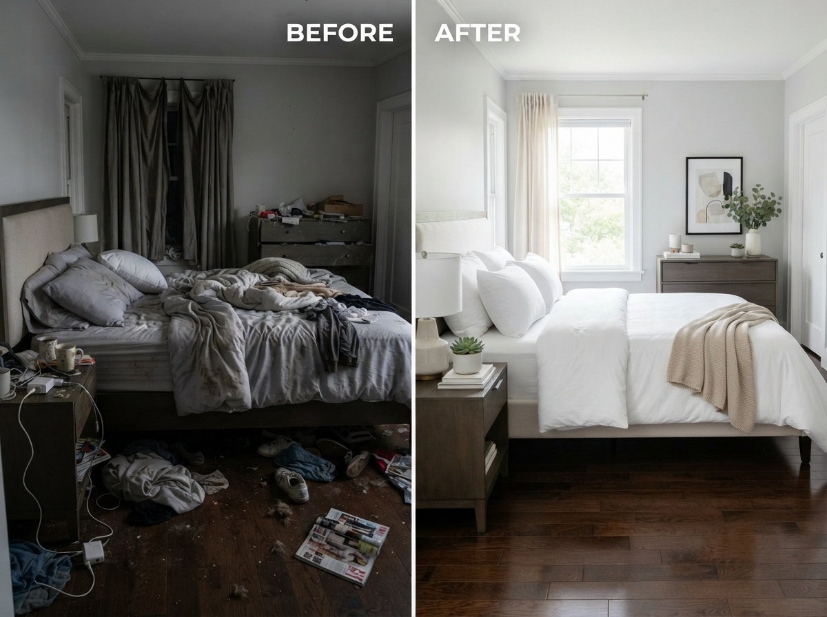 Sparkling clean master bedroom after deep cleaning service