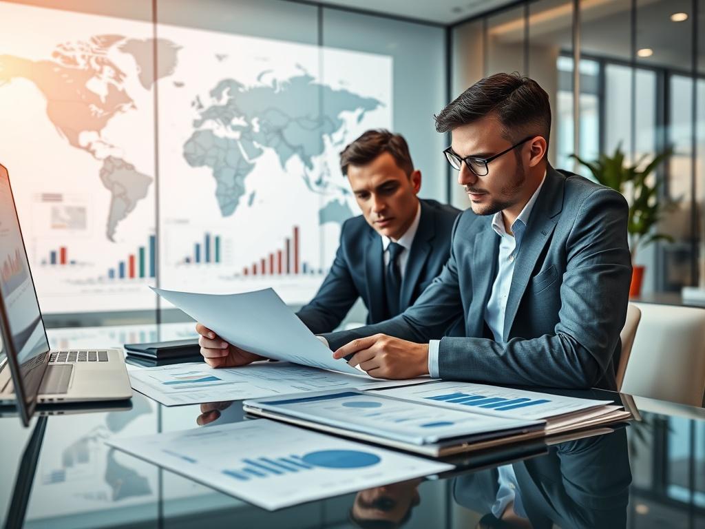 A professional consultant in a modern office environment, analyzing trade