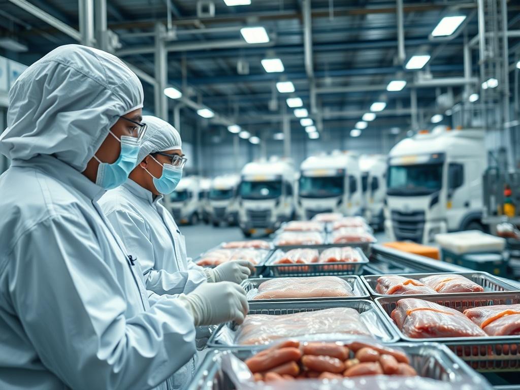 An industrial facility showcasing the processing of poultry and beef