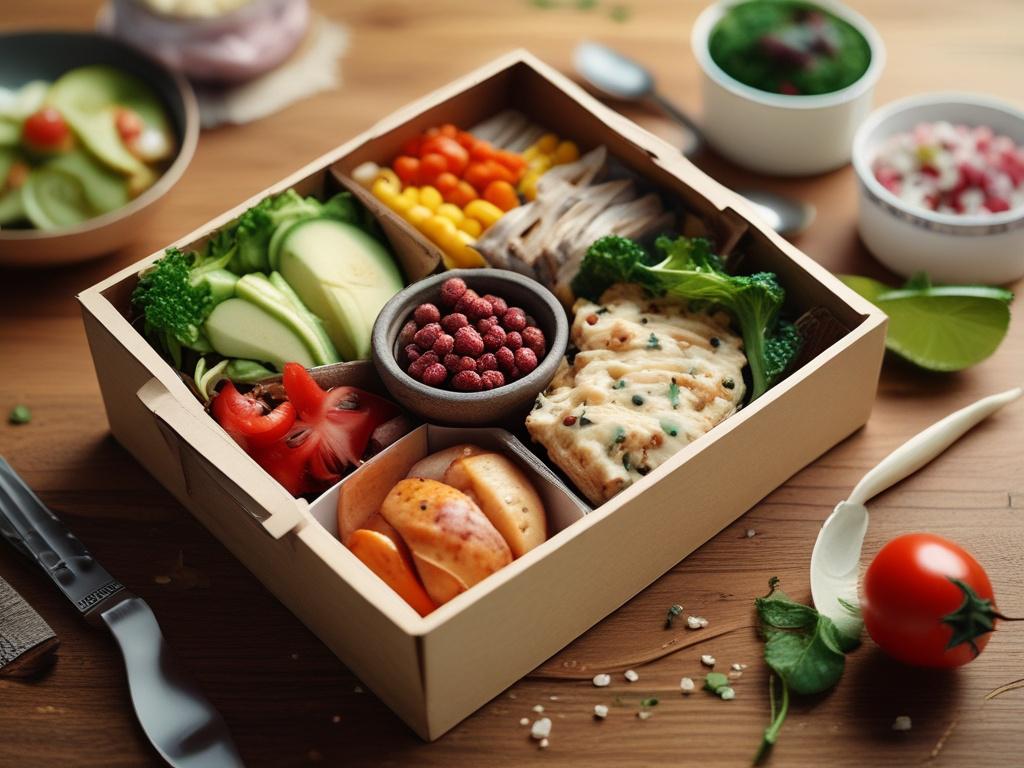 Close-up shot of a gourmet meal box, beautifully arranged with fresh ingredients, sitting on a wooden table. Soft, natural lighting enhances the colors of the meal. The background is blurred to keep focus on the meal box, with a hint of greenery to complement the rgb(50, 170, 39) color.