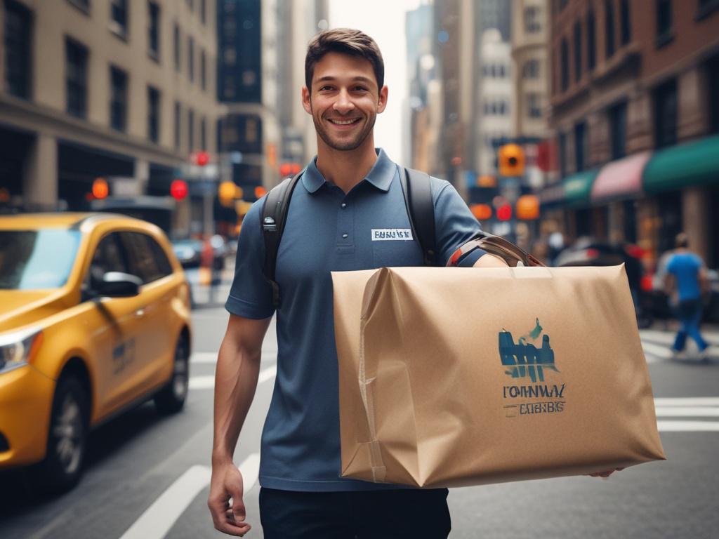 A close-up shot of a Noiumax Delivery courier holding a sealed food delivery bag, smiling confidently. The background is a bustling New York City street, with vibrant colors and a hint of skyscrapers. The focus is on the courier, showcasing professionalism and reliability, while the primary color rgb(50, 170, 39) subtly accents the delivery bag.