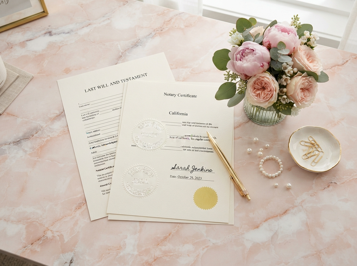 Notarization flat lay with an embossing seal, documents, gold pen, and blush peonies