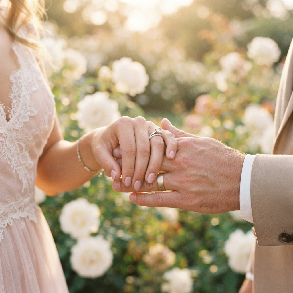 Newly married couple holding hands showing their wedding rings