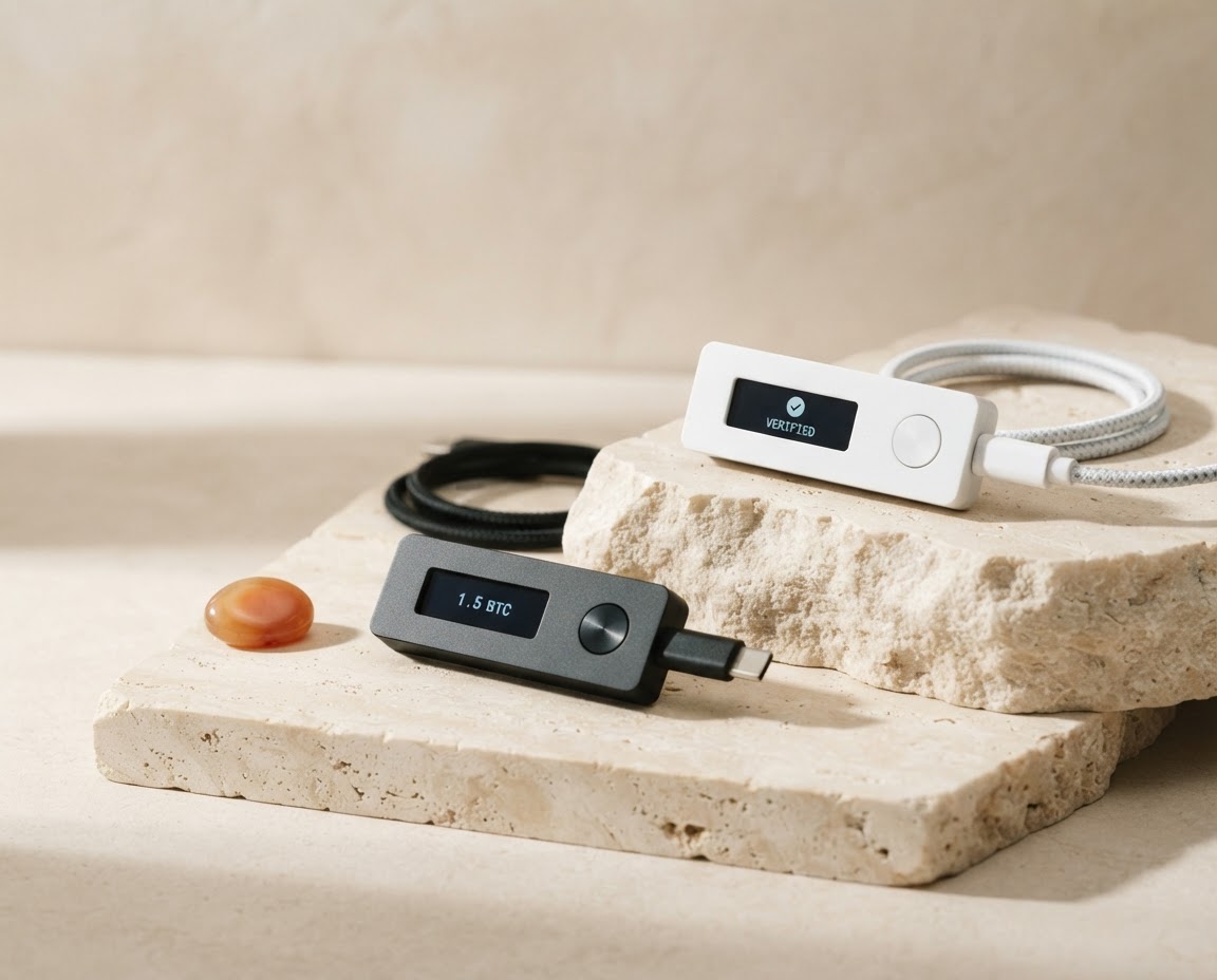 Black and white hardware wallets displayed on sculptural stone blocks