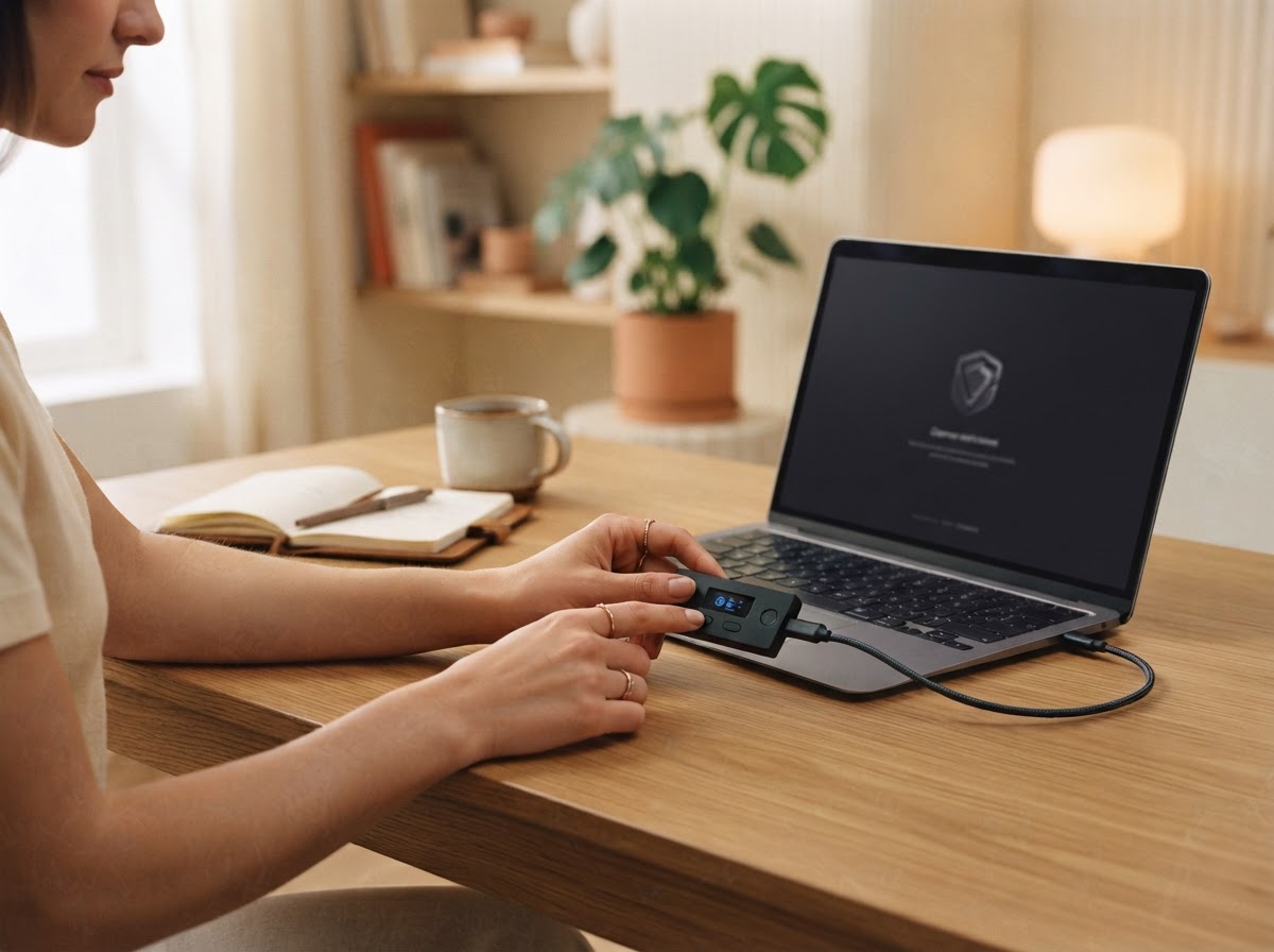 Hands setting up a hardware wallet at a home desk