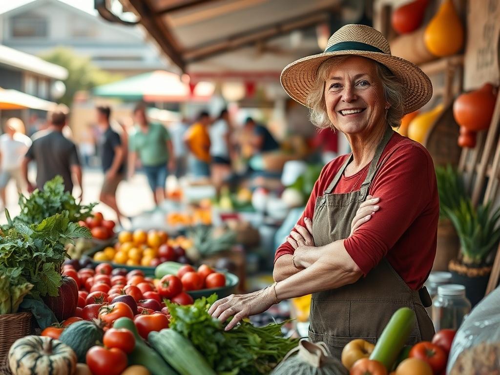 **Prompt for AI Image Generator:**

Create a realistic high-resolution photo that captures the essence of a vibrant marketplace, reflecting the blog titled "Discover the Heart of Van Zelst's Market." The composition should be straightforward and focused, featuring a single subject. 

**Subject Matter:** Present a warm and inviting scene of a local vendor's stall filled with fresh, colorful produce and handmade goods. Showcase an engaging vendor, a middle-aged woman with a friendly smile, arranging her produ