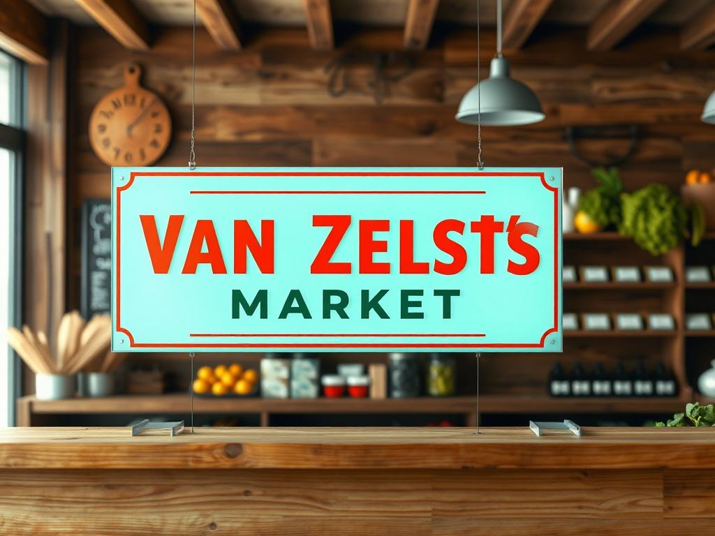 A realistic high-resolution photo of a Van Zelst's Market sign prominently displayed at a rustic wooden checkout counter. The sign should have a clean and modern design, featuring bold letters that read 'Van Zelst's Market' in a vibrant color palette that complements the natural wood tones of the counter. The background should be softly blurred to emphasize the sign and counter, creating a welcoming and community-oriented atmosphere.