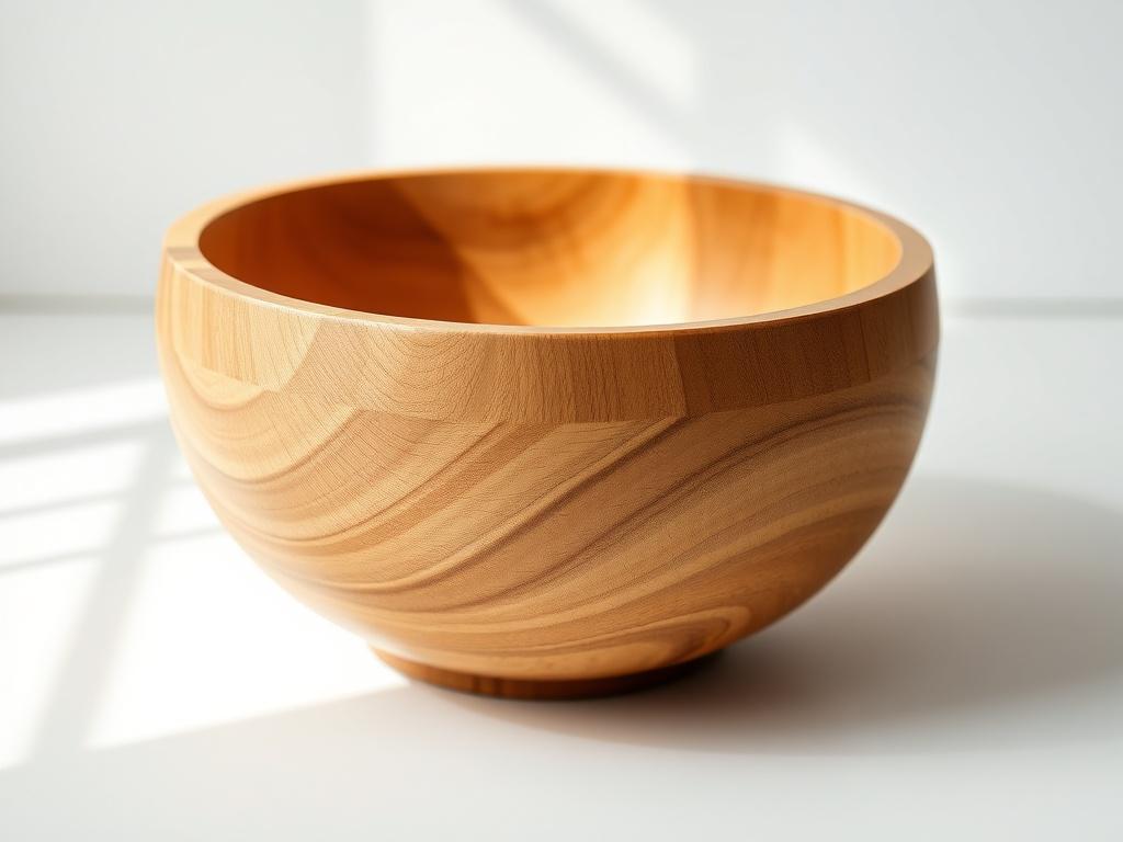 A beautifully crafted wooden bowl made from natural wood, showcasing unique grain patterns. The bowl is placed on a simple, clean white surface with soft natural light illuminating its texture. The background is minimalistic, emphasizing the handcrafted details and rustic charm of the bowl.