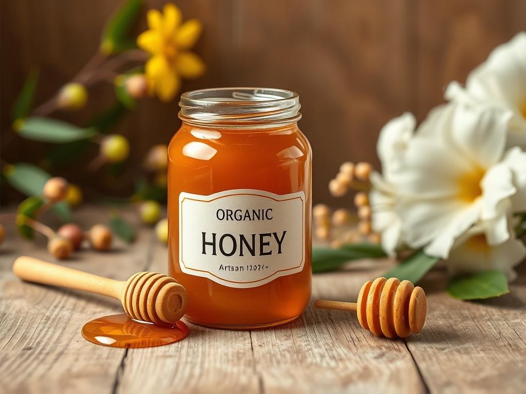A jar of artisan organic honey with a golden hue, placed on a rustic wooden table. A honey dipper rests beside it, and the background features soft natural elements like flowers and green leaves, creating a warm, inviting atmosphere that highlights the product's natural origins.