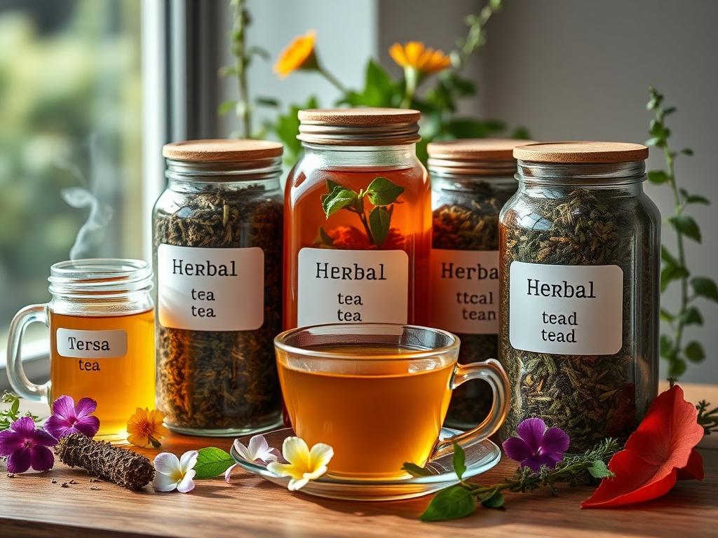 A selection of herbal tea blends in glass jars, each labeled with its unique flavor. The jars are arranged on a wooden table, surrounded by fresh herbs, flowers, and a steaming teacup. The natural light highlights the vibrant colors of the teas, creating an inviting atmosphere.