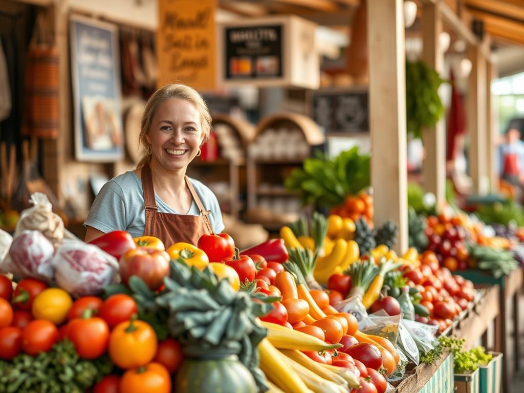 Create a realistic high-resolution photo featuring a vibrant marketplace scene that embodies the essence of Van Zelst's Market. The composition should be simple and clear, focusing on a single subject: a smiling vendor proudly displaying a selection of fresh, locally-sourced produce, such as colorful fruits and vegetables, arranged beautifully on their stall. The vendor should have an engaging expression that reflects warmth and connection to the community.

In the background, subtly include elements that s