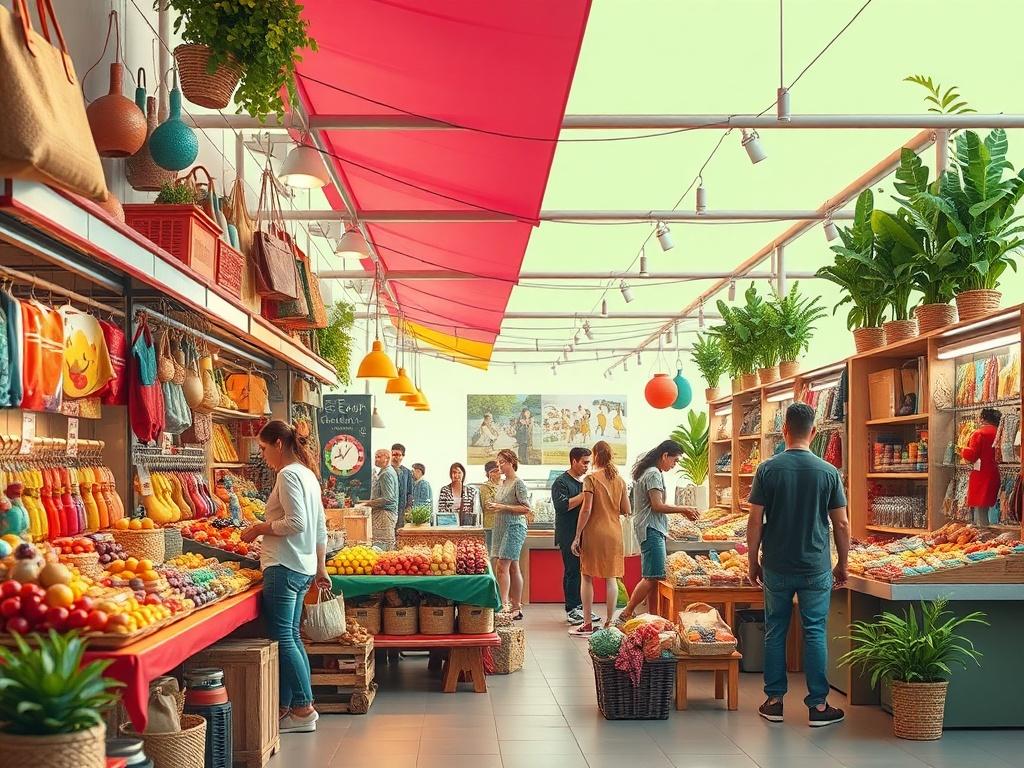 A vibrant marketplace scene showcasing a variety of unique products from local vendors, with colorful displays and customers happily engaging with vendors. The background should feature a clean and green aesthetic, emphasizing community spirit and local craftsmanship.