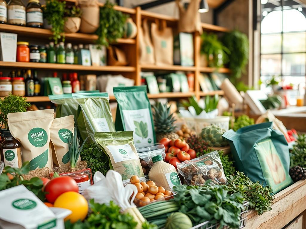 A close-up of sustainable products displayed in a market setting, featuring eco-friendly packaging and organic goods. The scene should reflect a clean and green aesthetic, highlighting the commitment to sustainability and responsible consumerism.