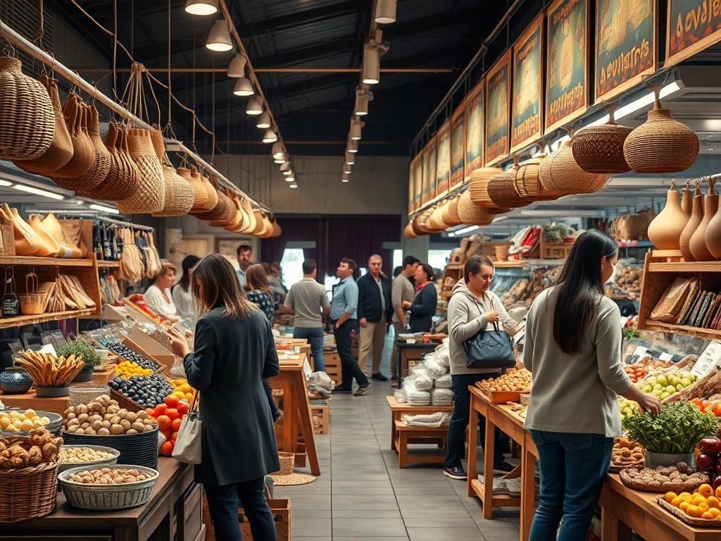 An inviting display of unique handmade crafts and specialty foods at a market stall, with customers browsing and interacting with vendors. The image should capture the essence of discovery in a vibrant and welcoming atmosphere.