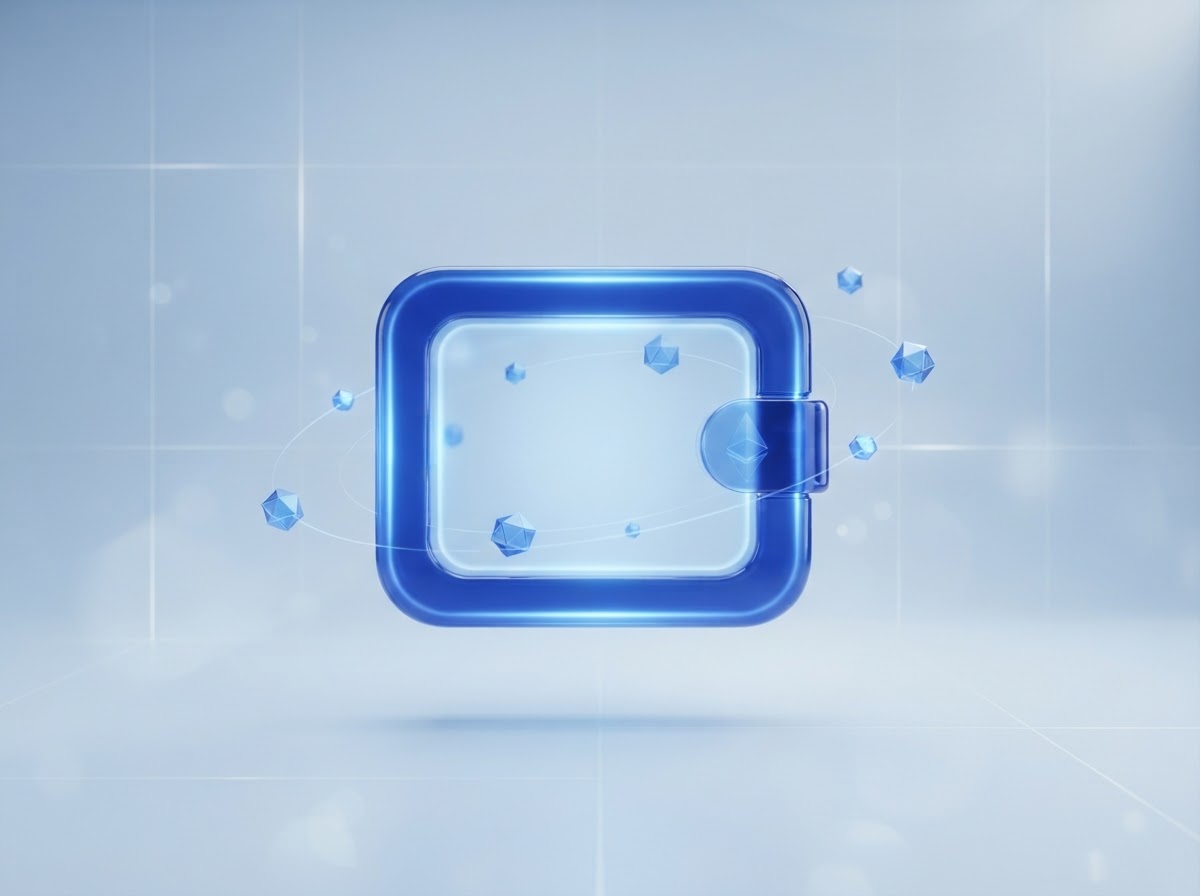 Sculptural blue glass wallet portal surrounded by luminous geometric tokens