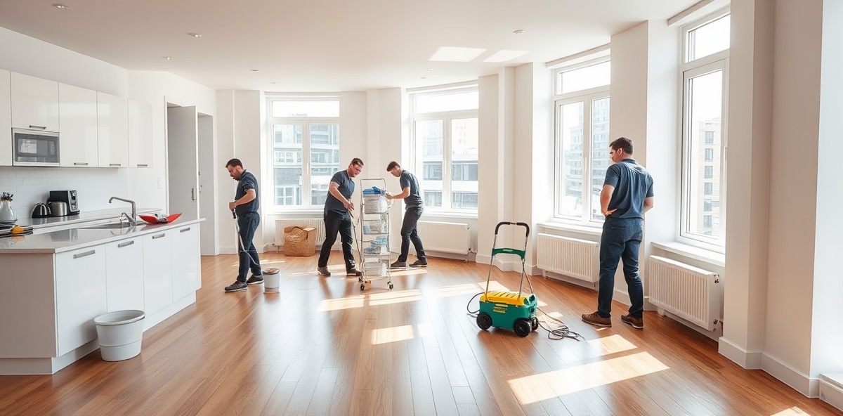 Professional move-out cleaning team cleaning apartment kitchen