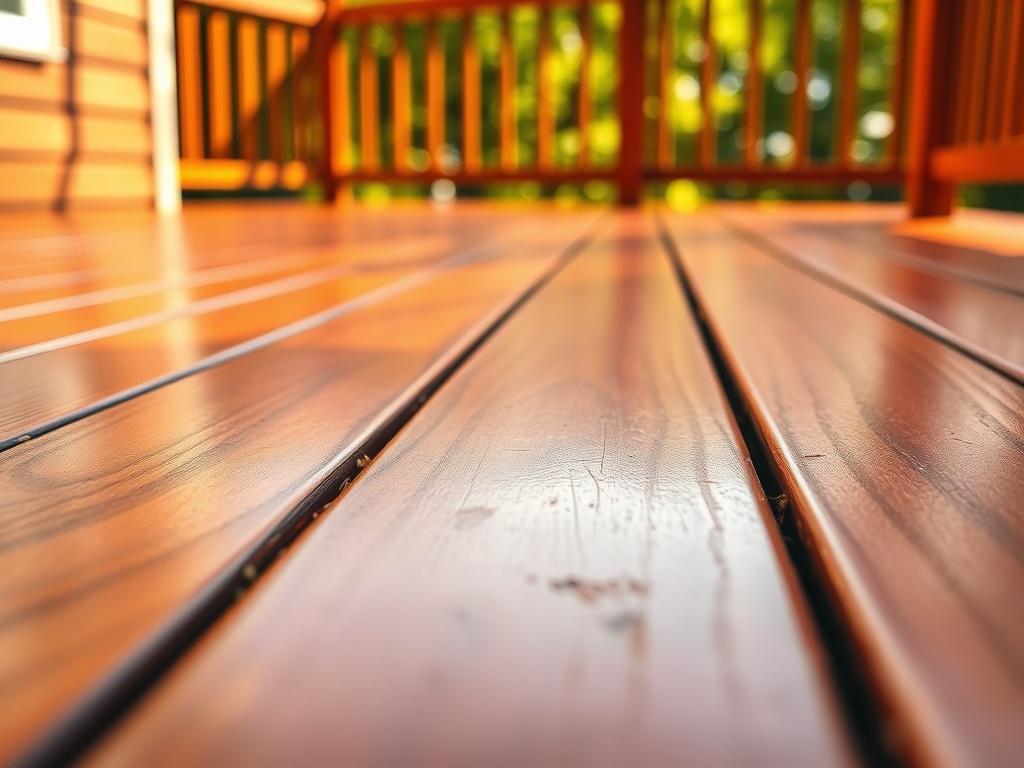 A close-up shot of a freshly stained wooden deck, showcasing the rich, warm tones of the wood. The image should focus on the texture of the wood grain and the shine of the stain, with a blurred background of green foliage to evoke a natural outdoor setting. The lighting should be warm and inviting, highlighting the beauty of the stained wood.