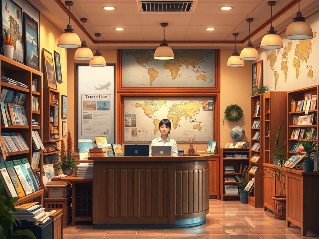A cozy, inviting travel agency office with warm golden hues and soft lighting. A single travel consultant stands ready to assist a customer at the reception desk, surrounded by brochures and travel maps. The background features a serene atmosphere with travel-related decor, creating an ambiance of warmth and professionalism.