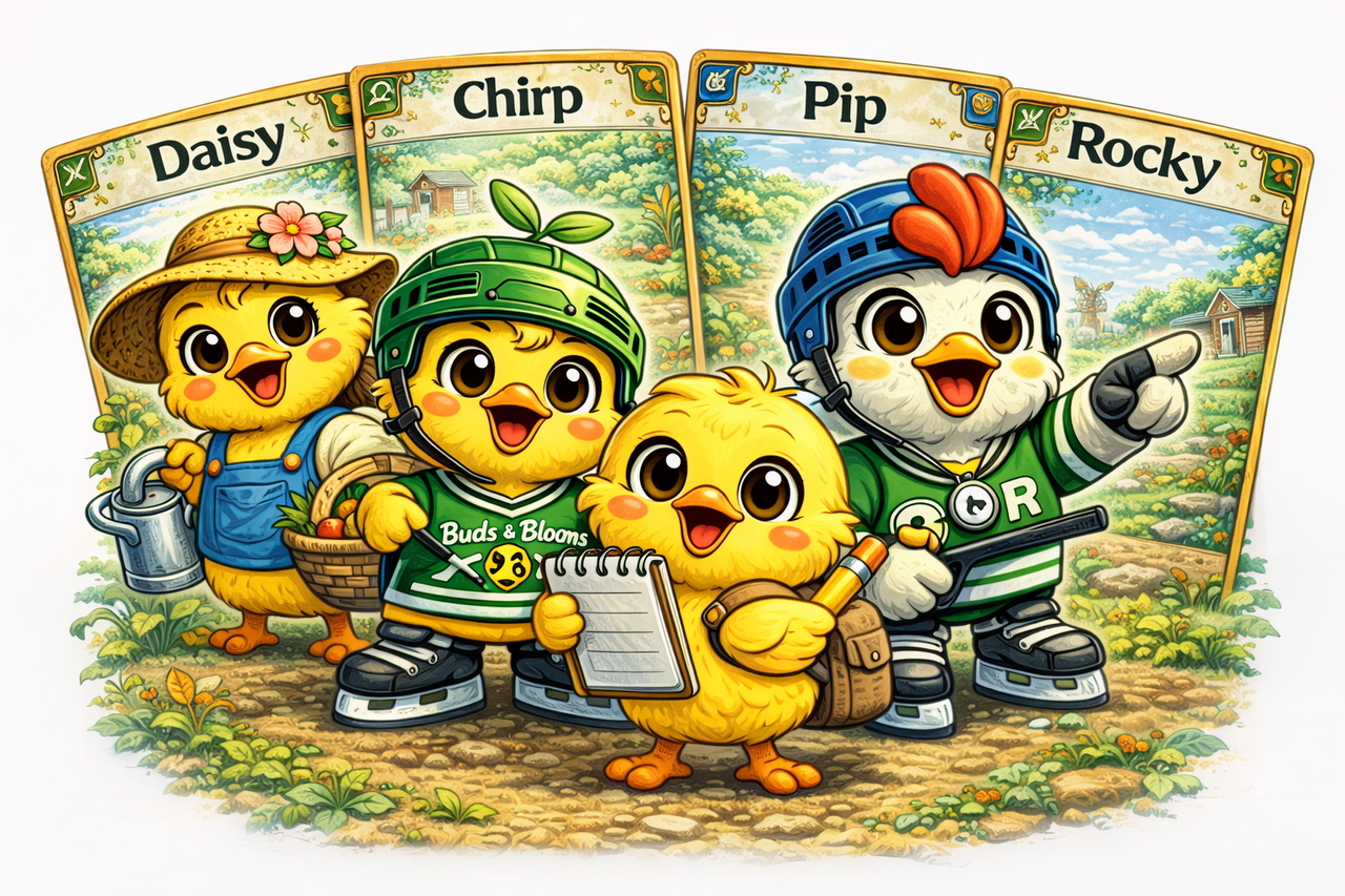 Children playing hockey and gardening together